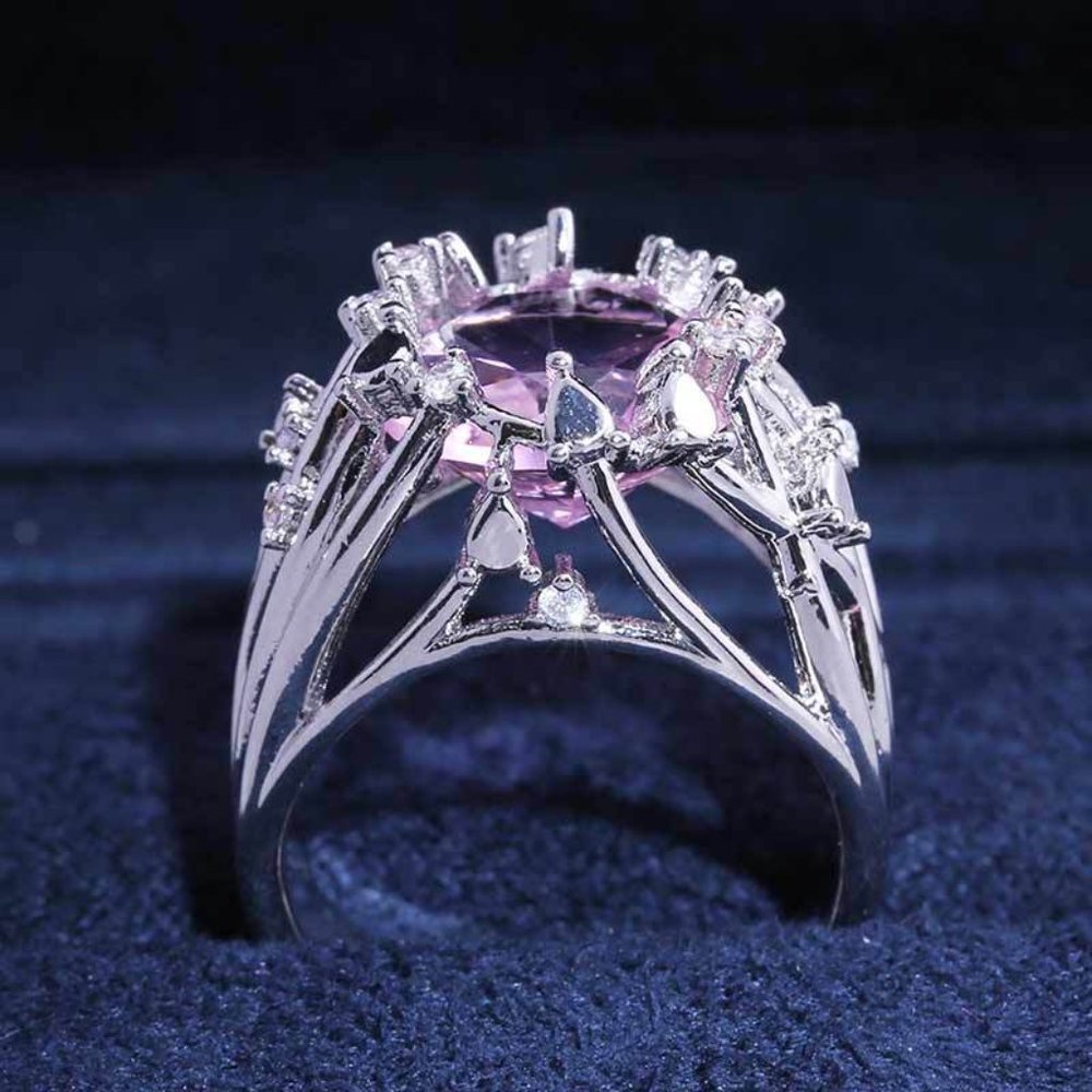 💞925 Silver Plated Hollow Pink Flower Engagement Ring, GPMB1546 - Picture 4 of 5
